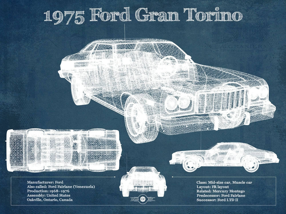 14" x 11" / Stretched Canvas Wrap Cutler West Ford Gran Torino 1975 - Blueprint Vintage Auto Print