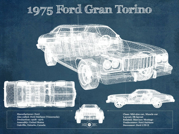 14" x 11" / Unframed Cutler West Ford Gran Torino 1975 - Blueprint Vintage Auto Print