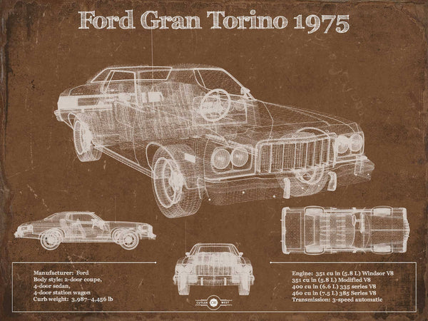 14" x 11" / Unframed Cutler West Ford Gran Torino 1975 Blueprint Vintage Auto Print
