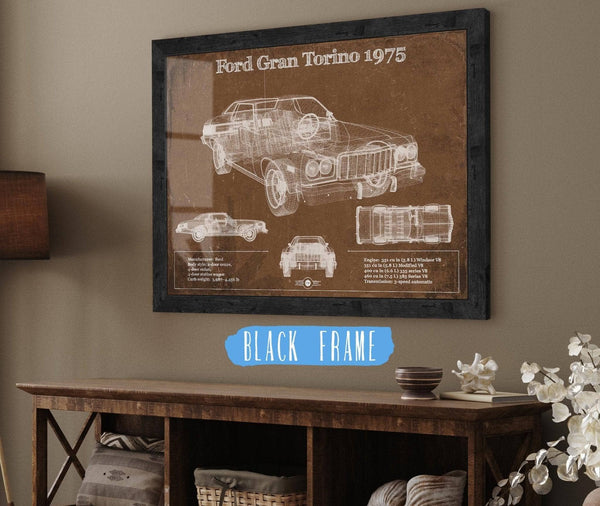 20" x 16" / Black Frame Cutler West Ford Gran Torino 1975 Blueprint Vintage Auto Print