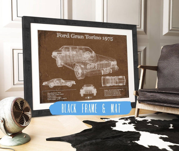 20" x 16" / Black Frame & Mat Cutler West Ford Gran Torino 1975 Blueprint Vintage Auto Print