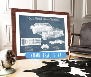 20" x 16" / Walnut Frame & Mat Cutler West Ford Gran Torino 1975 - Blueprint Vintage Auto Print