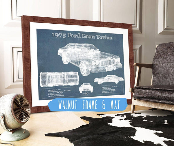 20" x 16" / Walnut Frame & Mat Cutler West Ford Gran Torino 1975 - Blueprint Vintage Auto Print