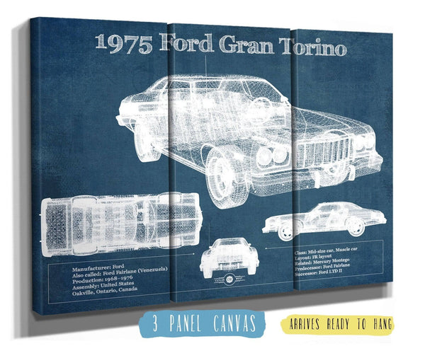 36" x 24" / 3 Panel Canvas Wrap Cutler West Ford Gran Torino 1975 - Blueprint Vintage Auto Print