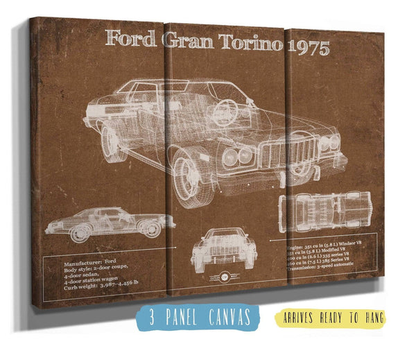 36" x 24" / 3 Panel Canvas Wrap Cutler West Ford Gran Torino 1975 Blueprint Vintage Auto Print