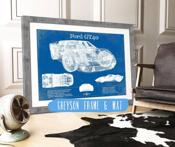 14" x 11" / Greyson Frame & Mat Cutler West Ford GT40 Blueprint Vintage Auto Print