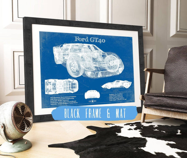 20" x 16" / Black Frame & Mat Cutler West Ford GT40 Blueprint Vintage Auto Print