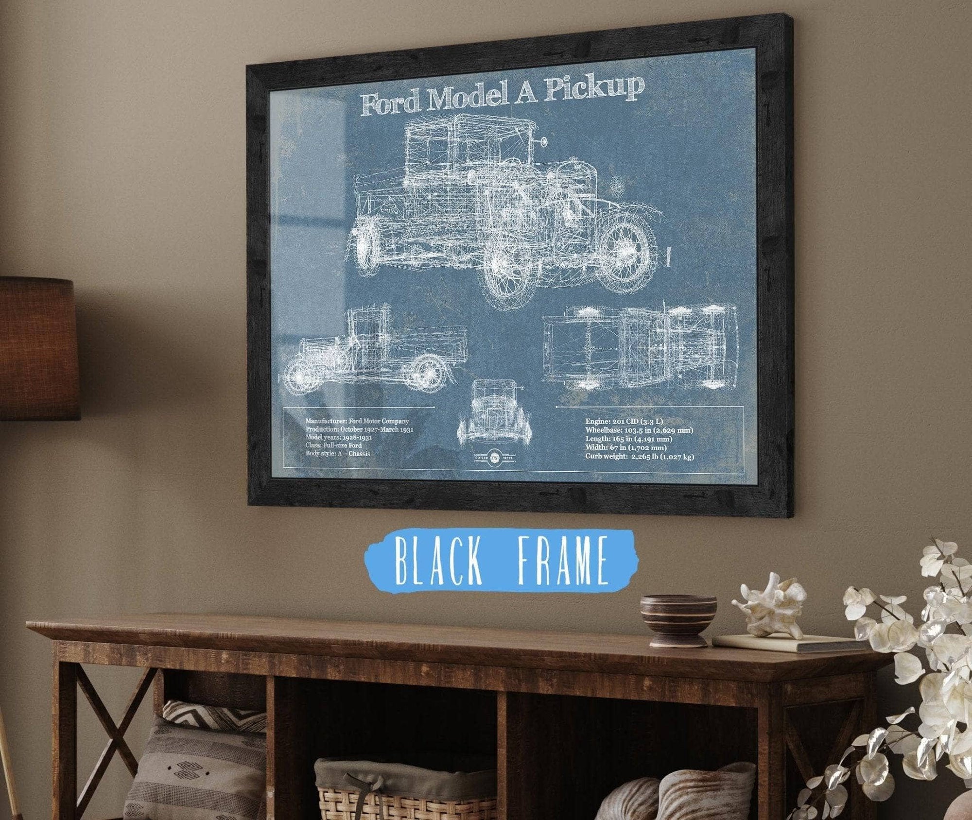 Cutler West Ford Collection 14" x 11" / Black Frame Ford Model A Pickup Vintage Blueprint Auto Print 833110113_54744