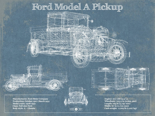 14" x 11" / Unframed Cutler West Ford Model A Pickup Vintage Blueprint Auto Print