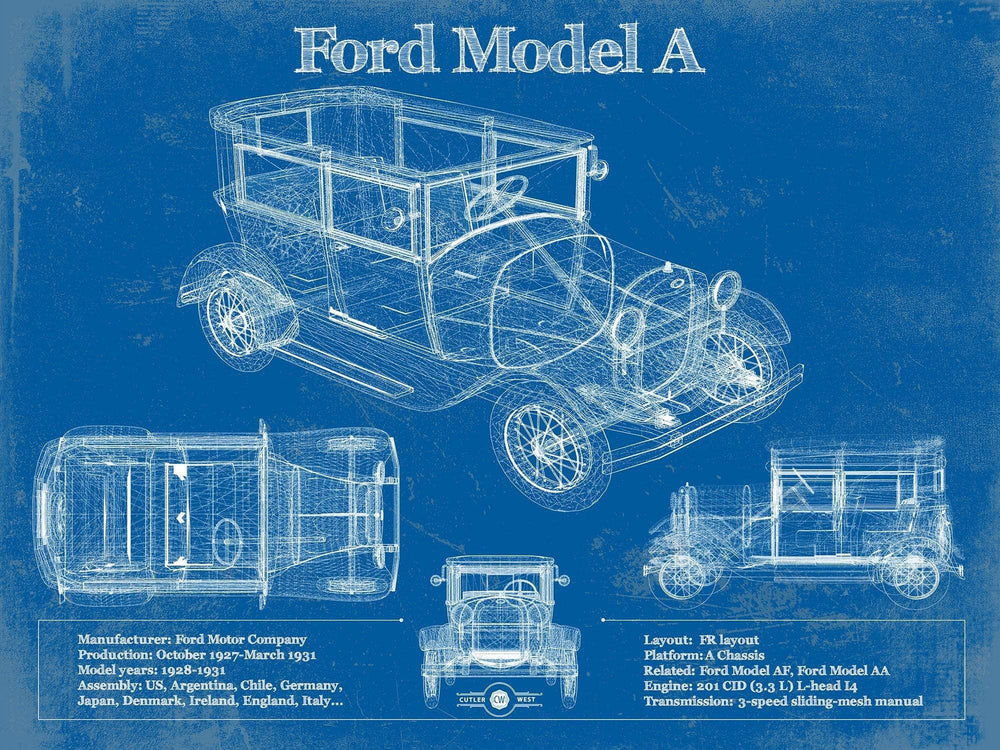 14" x 11" / Stretched Canvas Wrap Cutler West Ford Model A Vintage Blueprint Auto Print