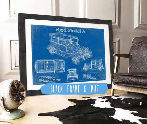 20" x 16" / Black Frame & Mat Cutler West Ford Model A Vintage Blueprint Auto Print
