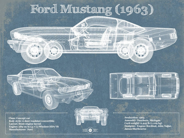 14" x 11" / Unframed Cutler West Ford Mustang 1963 Original Blueprint Art