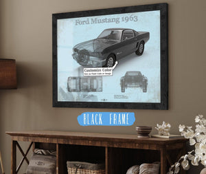 20" x 16" / Black Frame Cutler West Ford Mustang 1963 Original Blueprint Art