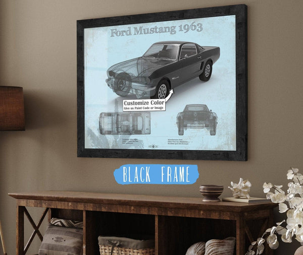 20" x 16" / Black Frame Cutler West Ford Mustang 1963 Original Blueprint Art