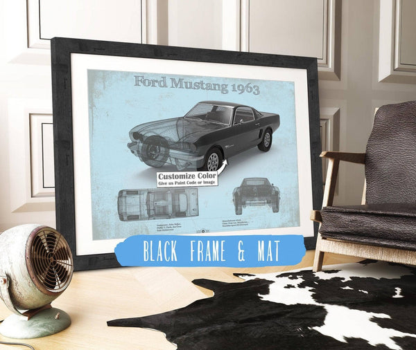 20" x 16" / Black Frame & Mat Cutler West Ford Mustang 1963 Original Blueprint Art