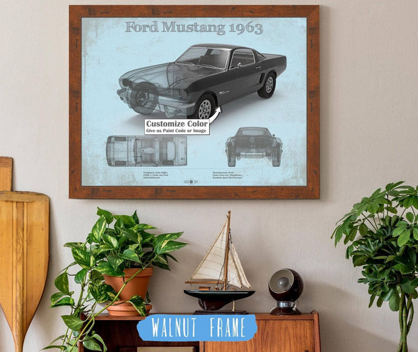 20" x 16" / Walnut Frame Cutler West Ford Mustang 1963 Original Blueprint Art