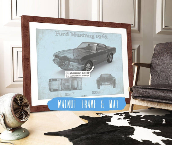 20" x 16" / Walnut Frame & Mat Cutler West Ford Mustang 1963 Original Blueprint Art