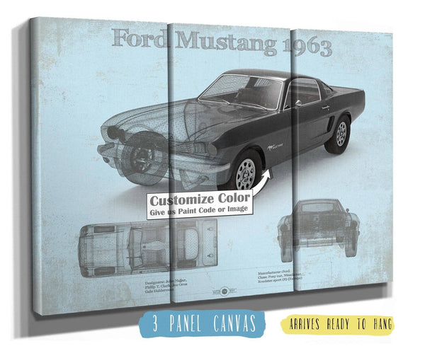 36" x 24" / 3 Panel Canvas Wrap Cutler West Ford Mustang 1963 Original Blueprint Art