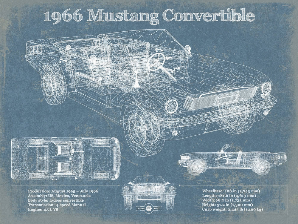 14" x 11" / Stretched Canvas Wrap Cutler West Ford Mustang 1966 Convertible Original Blueprint Art
