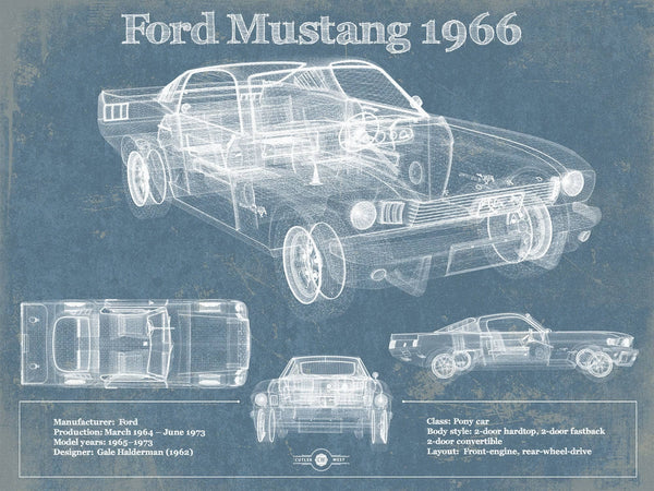 14" x 11" / Unframed Cutler West Ford Mustang 1966 Original Blueprint Art