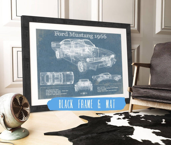 20" x 16" / Black Frame & Mat Cutler West Ford Mustang 1966 Original Blueprint Art