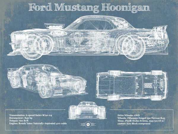 14" x 11" / Unframed Cutler West Ford Mustang Hoonigan Vintage Blueprint Auto Print