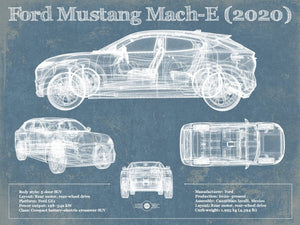 14" x 11" / Unframed Cutler West Ford Mustang Mach-E 2020 Blueprint Vintage Auto Print