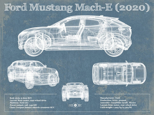 14" x 11" / Unframed Cutler West Ford Mustang Mach-E 2020 Blueprint Vintage Auto Print