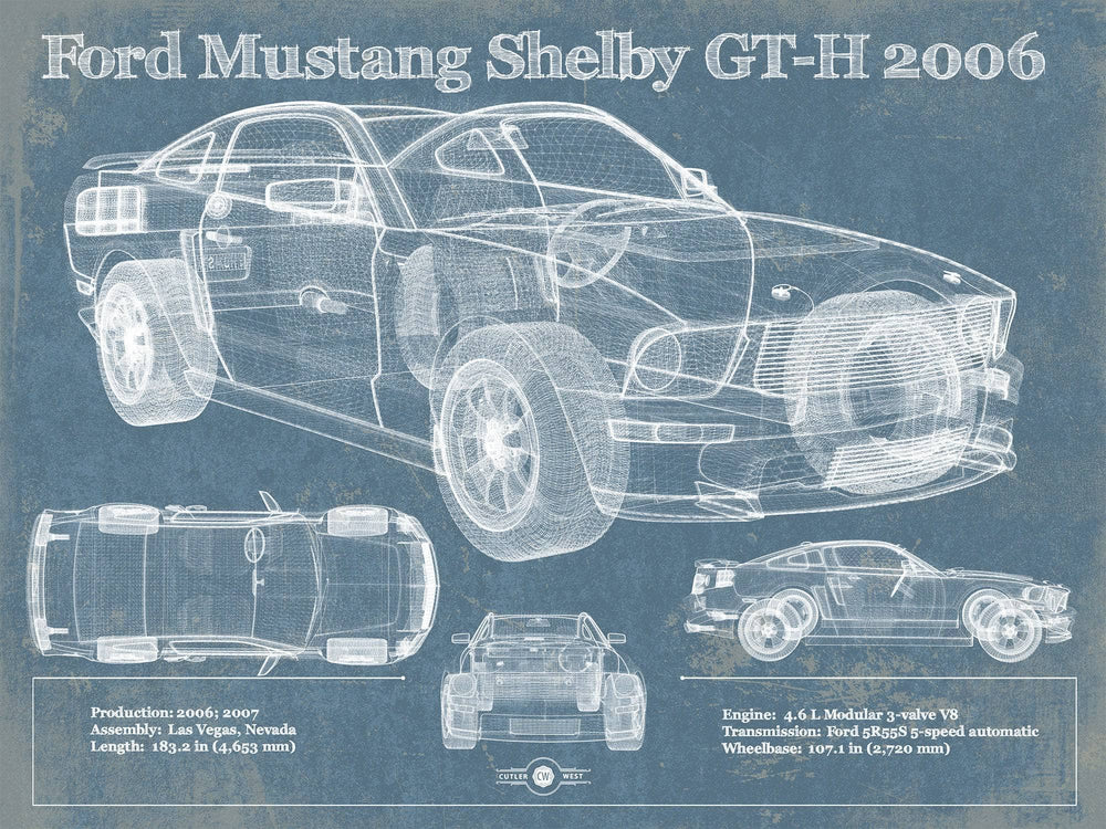 14" x 11" / Stretched Canvas Wrap Cutler West Ford Mustang Shelby GT-H 2006 Original Blueprint Art