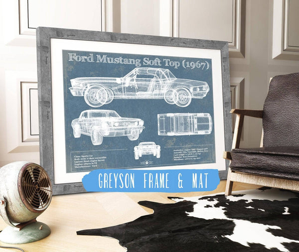 14" x 11" / Greyson Frame & Mat Cutler West Ford Mustang Soft Top/Convertible 1967 Original Blueprint Art