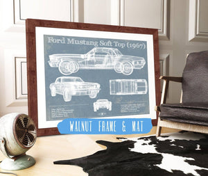 20" x 16" / Walnut Frame & Mat Cutler West Ford Mustang Soft Top/Convertible 1967 Original Blueprint Art