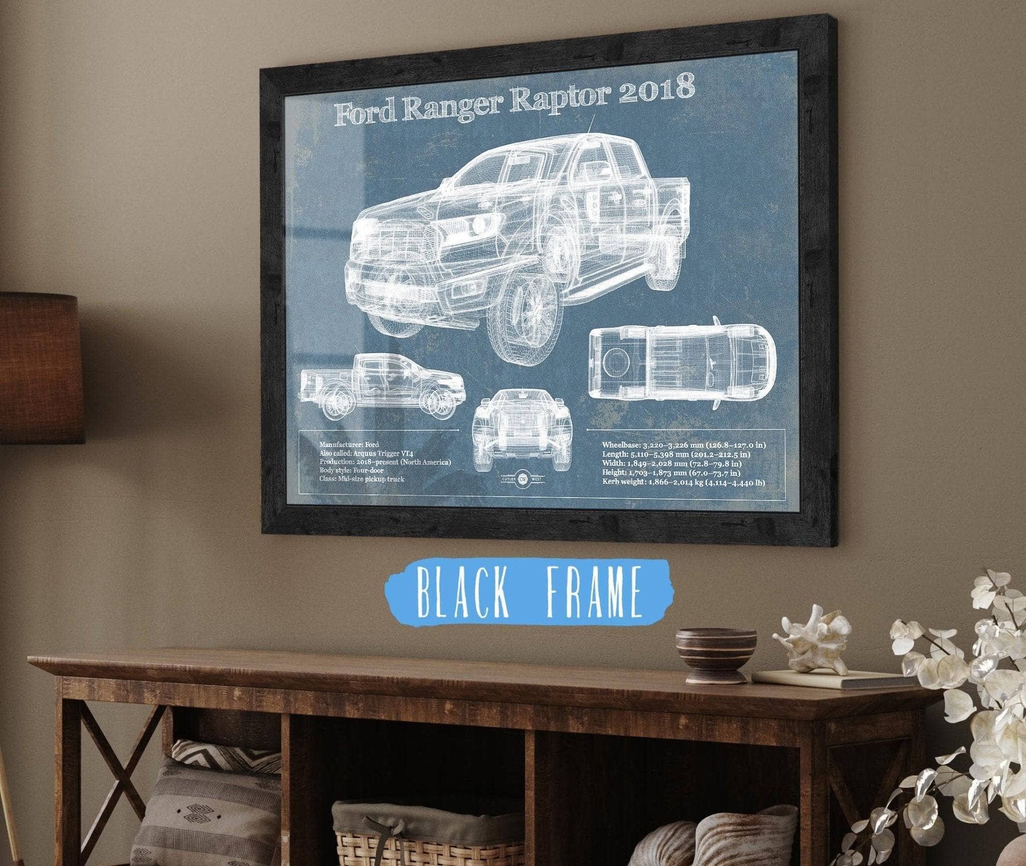 Cutler West Ford Collection 14" x 11" / Black Frame Ford Ranger Raptor (2018) Blueprint Vintage Auto Print 833110097_67234