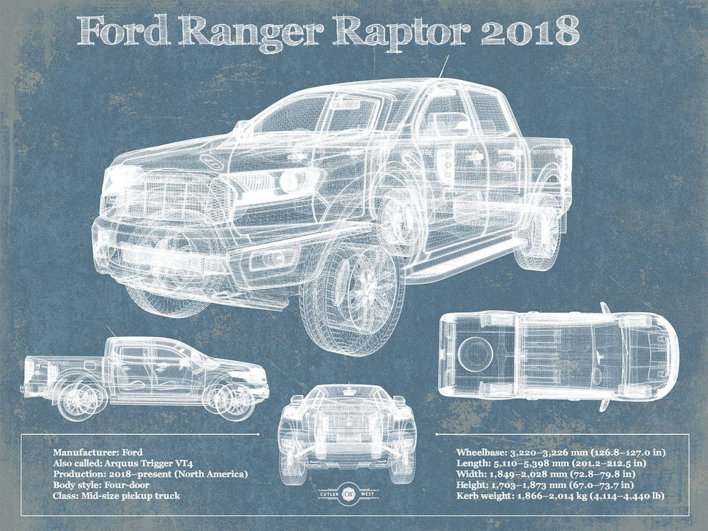 14" x 11" / Stretched Canvas Wrap Cutler West Ford Ranger Raptor (2018) Blueprint Vintage Auto Print