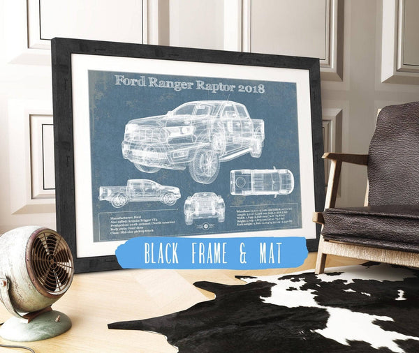 20" x 16" / Black Frame & Mat Cutler West Ford Ranger Raptor (2018) Blueprint Vintage Auto Print