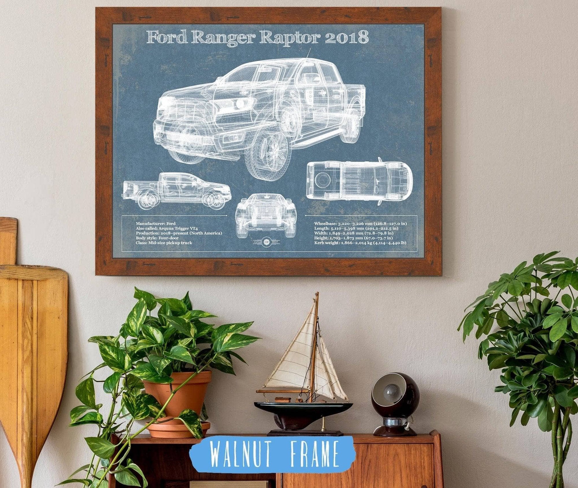 Cutler West Ford Collection 14" x 11" / Walnut Frame Ford Ranger Raptor (2018) Blueprint Vintage Auto Print 833110097_67236