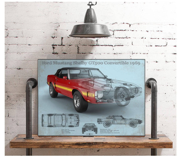 Cutler West Ford Shelby Mustang GT500 Convertible 1969 Blueprint Vintage Auto Print