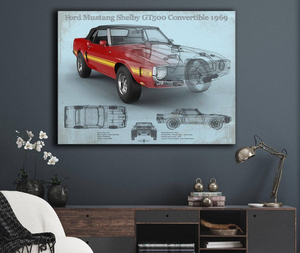 Cutler West Ford Shelby Mustang GT500 Convertible 1969 Blueprint Vintage Auto Print