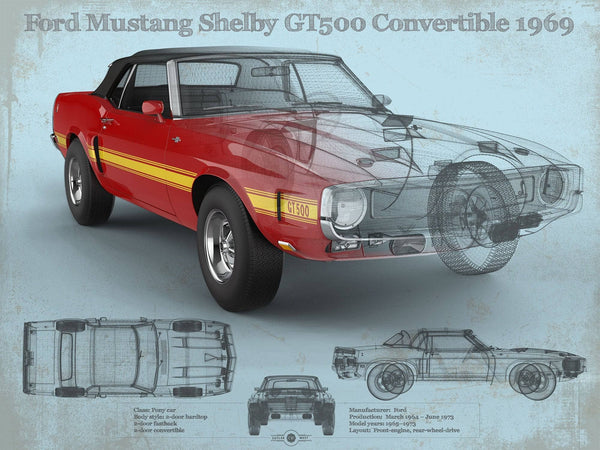14" x 11" / Unframed Cutler West Ford Shelby Mustang GT500 Convertible 1969 Blueprint Vintage Auto Print