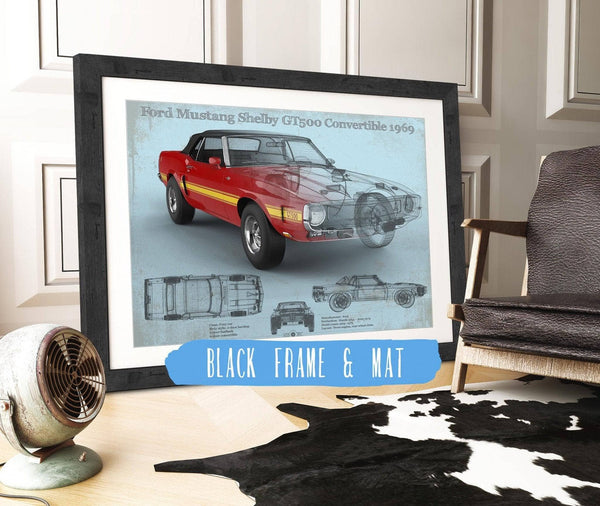 20" x 16" / Black Frame & Mat Cutler West Ford Shelby Mustang GT500 Convertible 1969 Blueprint Vintage Auto Print