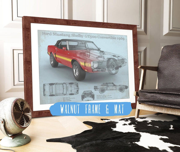 20" x 16" / Walnut Frame Cutler West Ford Shelby Mustang GT500 Convertible 1969 Blueprint Vintage Auto Print