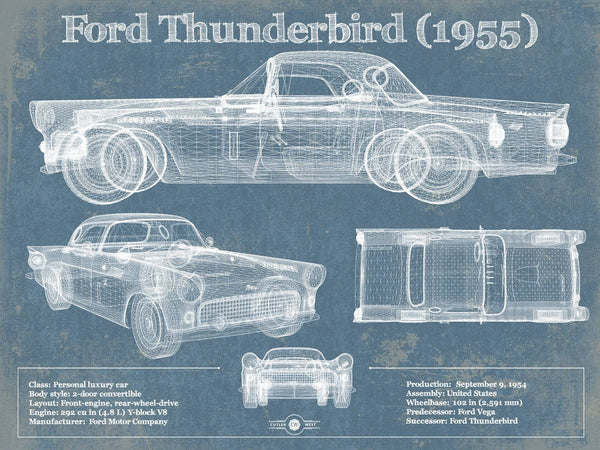 14" x 11" / Unframed Cutler West Ford Thunderbird 1955 Original Blueprint Art