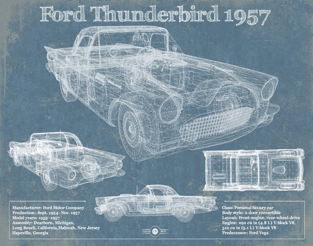 14" x 11" / Stretched Canvas Wrap Cutler West Ford Thunderbird 1957 Blueprint Vintage Auto Print