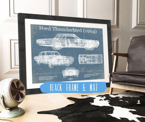 20" x 16" / Black Frame & Mat Cutler West Ford Thunderbird (1964) Vintage Blueprint Auto Print