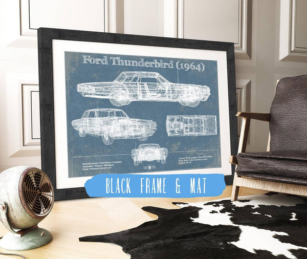 20" x 16" / Black Frame & Mat Cutler West Ford Thunderbird (1964) Vintage Blueprint Auto Print