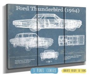 36" x 24" / 3 Panel Canvas Wrap Cutler West Ford Thunderbird (1964) Vintage Blueprint Auto Print
