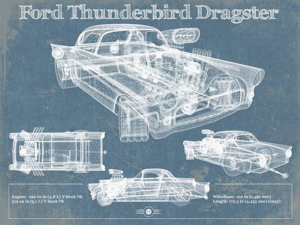 14" x 11" / Unframed Cutler West Ford Thunderbird Dragster Blueprint Vintage Auto Print