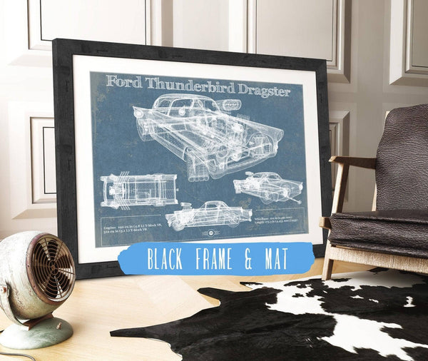 20" x 16" / Black Frame & Mat Cutler West Ford Thunderbird Dragster Blueprint Vintage Auto Print