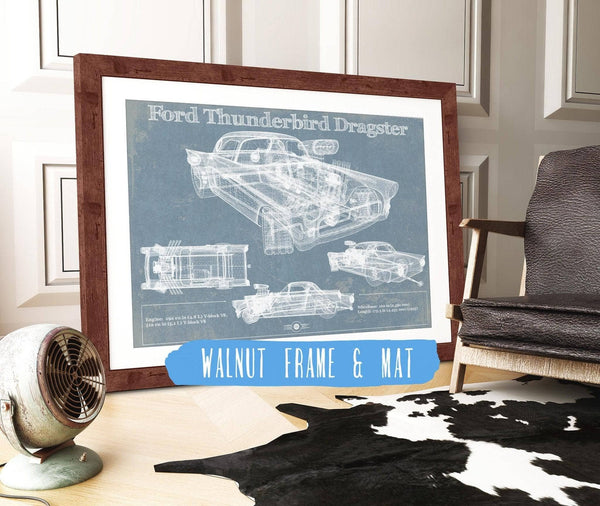 20" x 16" / Walnut Frame & Mat Cutler West Ford Thunderbird Dragster Blueprint Vintage Auto Print