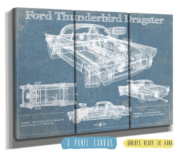 36" x 24" / 3 Panel Canvas Wrap Cutler West Ford Thunderbird Dragster Blueprint Vintage Auto Print