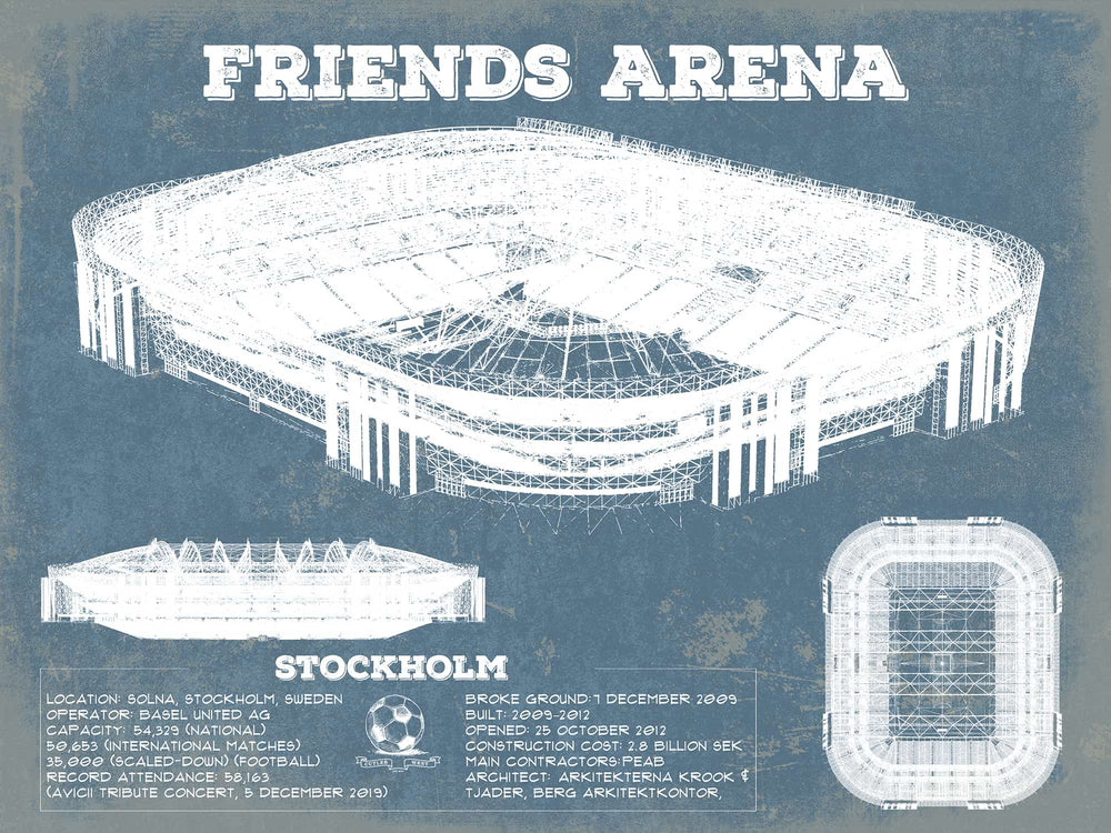 14" x 11" / Stretched Canvas Wrap Cutler West Friends Arena (Nationalarenan) Blueprint Vintage Soccer Print